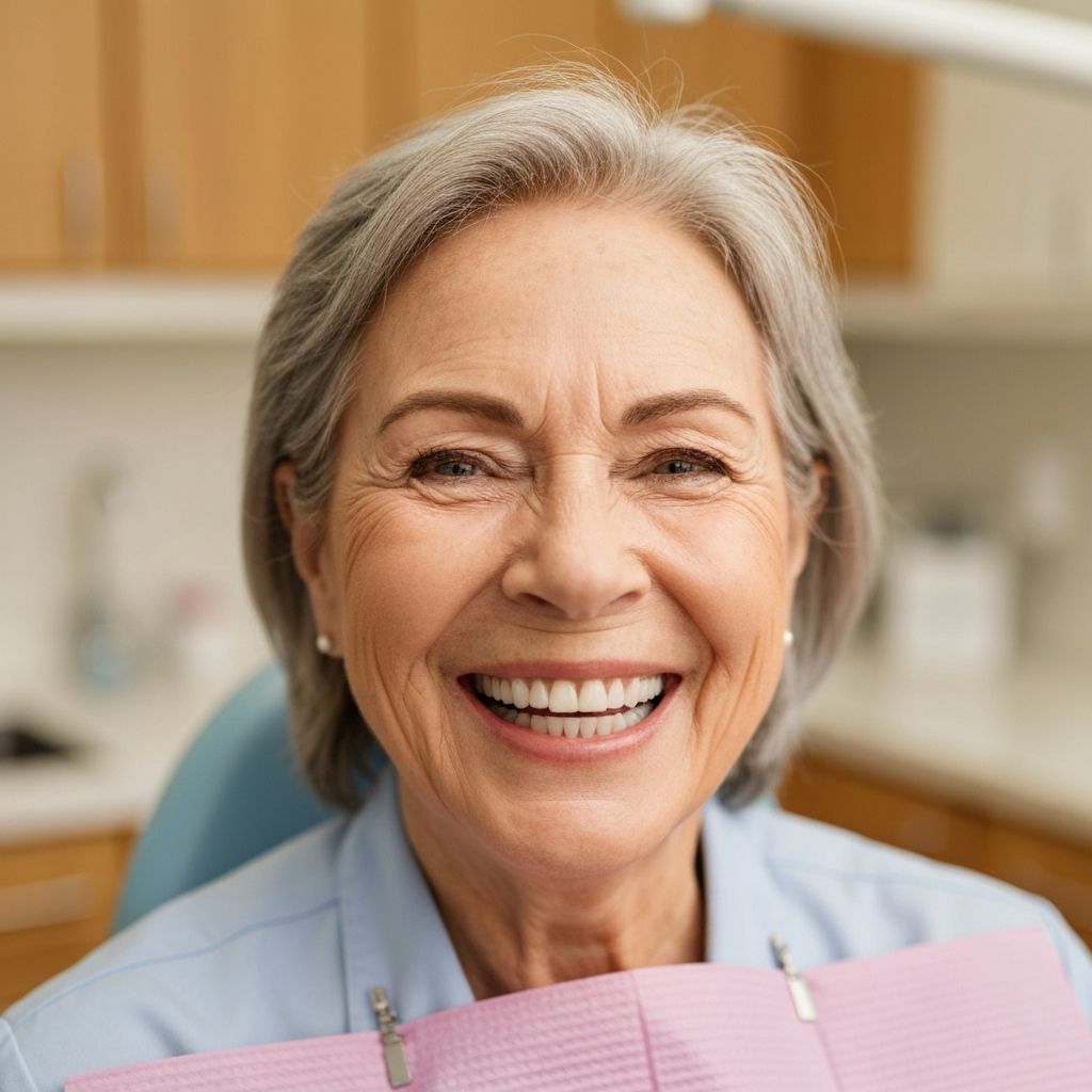 Paciente feliz após tratamento com implantes dentários